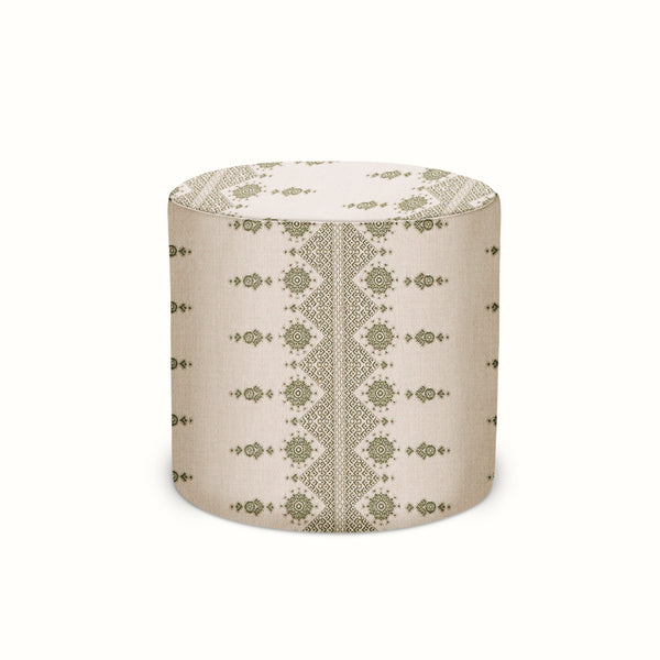 Indoor/Outdoor Pouf in Peter Dunham Textiles Carmania Green on Natural