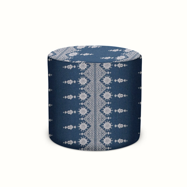 Indoor/Outdoor Pouf in Peter Dunham Textiles Carmania White on Indigo