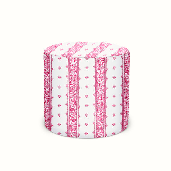 Indoor/Outdoor Pouf in Peter Dunham Textiles Fez Raspberry on White