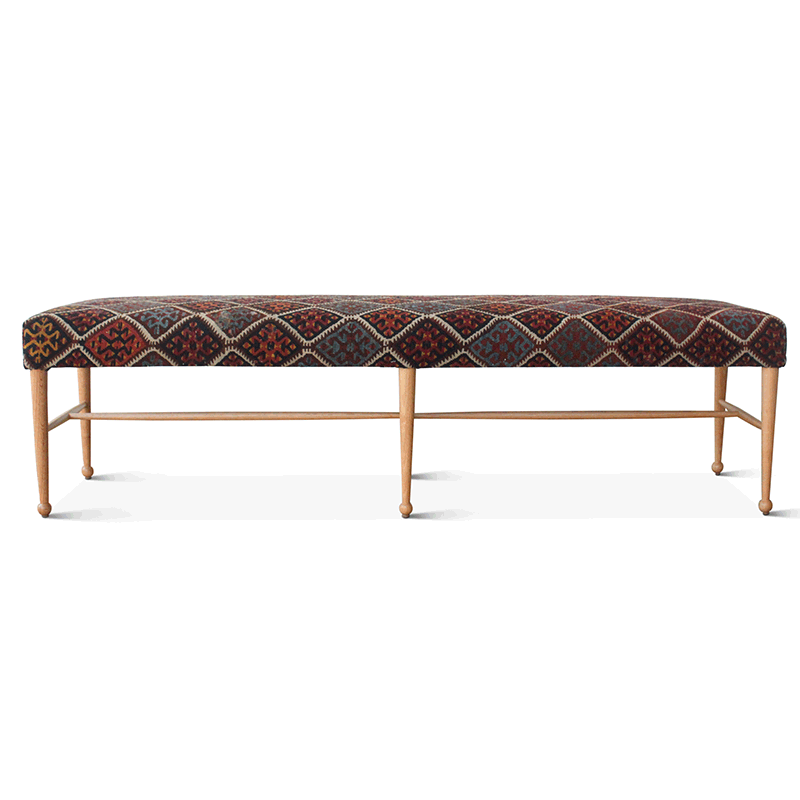 Vintage Bleached Oak Madison Bench Upholstered in a Turkish Kilim