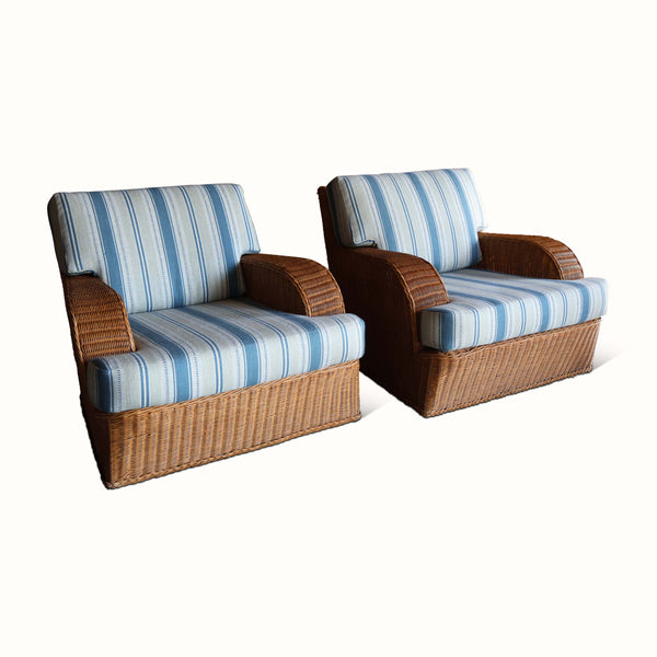 Pair of Wicker Chairs in Dhurrie Stripe