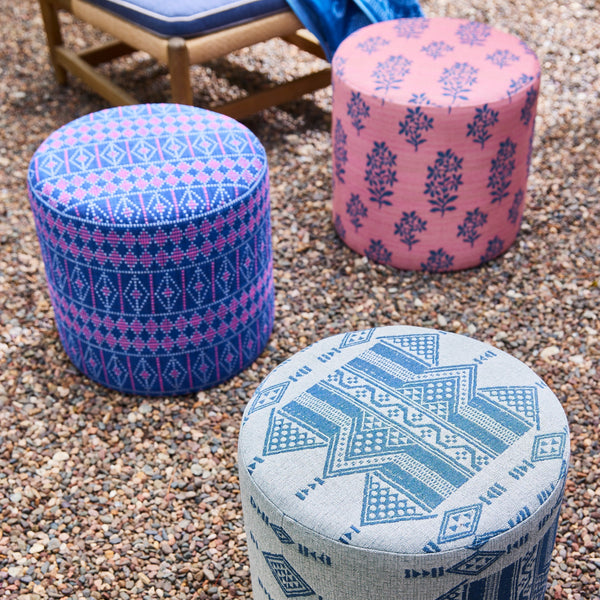 Indoor/Outdoor Pouf in Peter Dunham Textiles Fez Raspberry on White